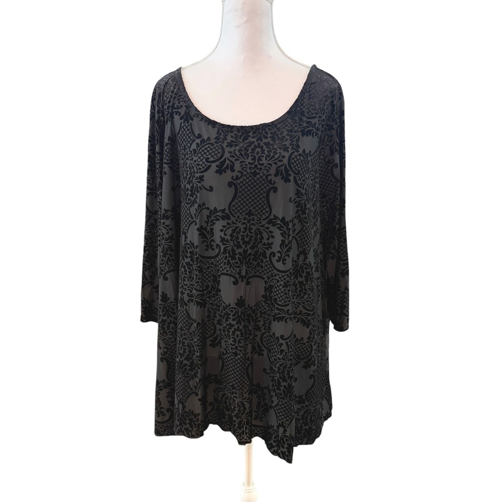 Women's Black Velvet Burnout Damask Tunic 1X Dark Romantic Dressy Vamp Witchy